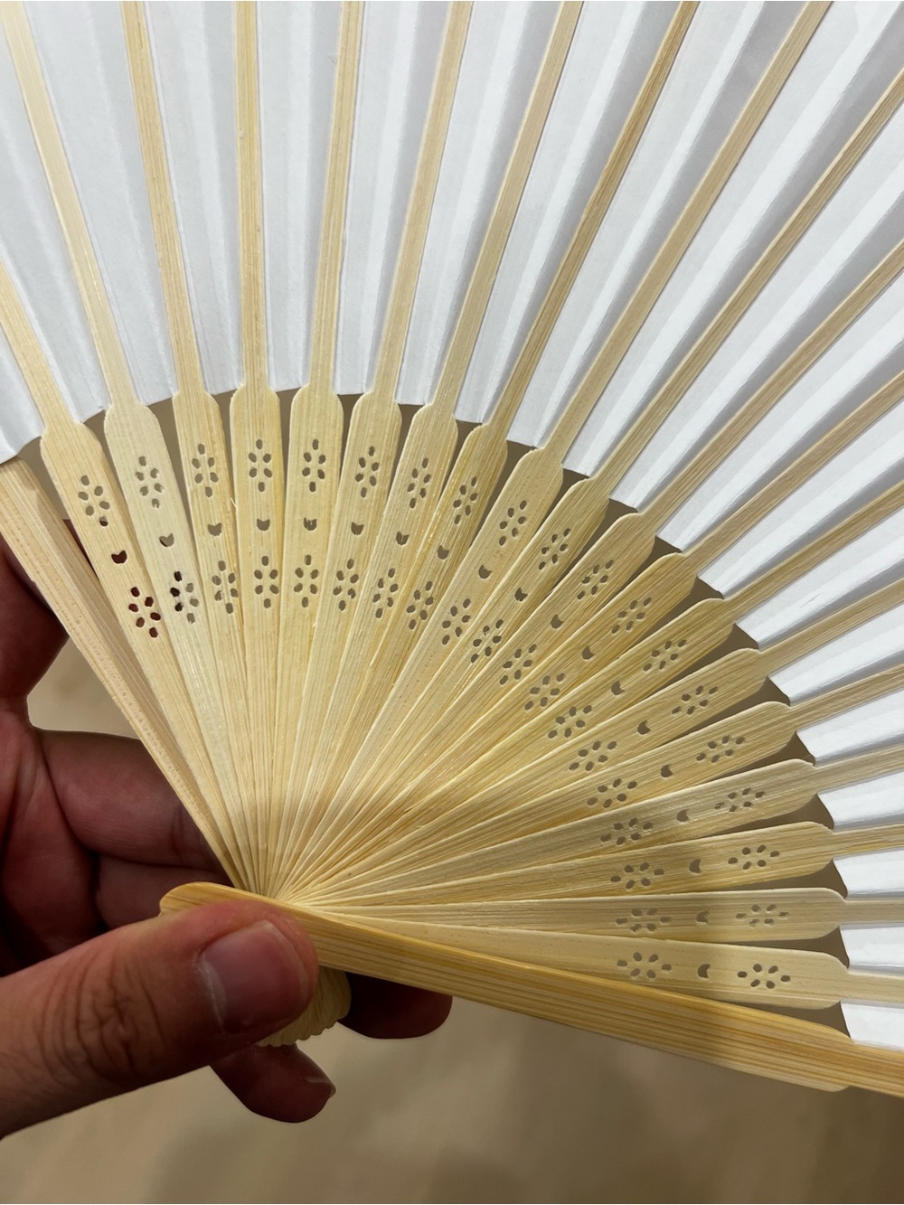 Handheld Folding Fan in White and Natural Wood - Picture 2 of 5